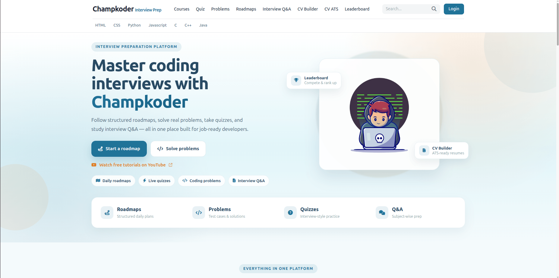 ChampKoder interview preparation platform homepage